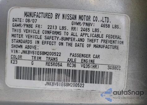 2008 Infiniti G35 Journey from USA, damaged, VIN JNKBV61E68M200522